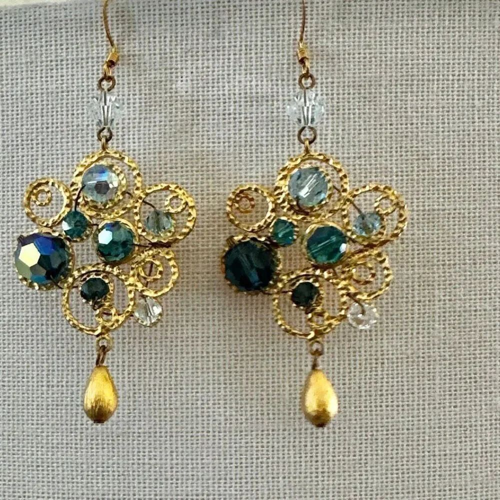 Gold Filigree Crystal Chandelier Earrings, Blue & Teal
